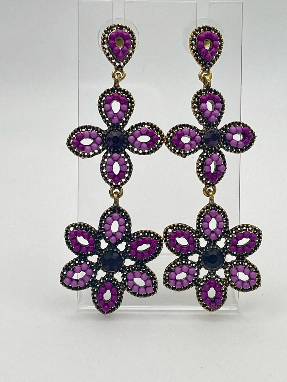 Purple Floral Drop Earrings w/Crystals- Statement Women’s Jewelry. Gold Ston